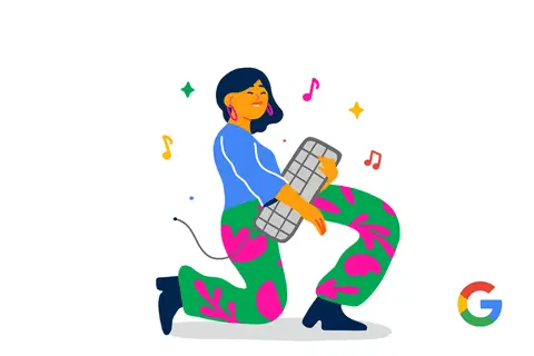 A woman dressed in a blue top with green and pink floral patterned pants strums on computer keyboard as if it were a guitar. She looks happy and is surrounded by stars, music notes, and the google logo.