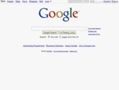 Google search page starts static on the screen. All the elements of the webpage appear to fall and crash to the bottom of the screen.