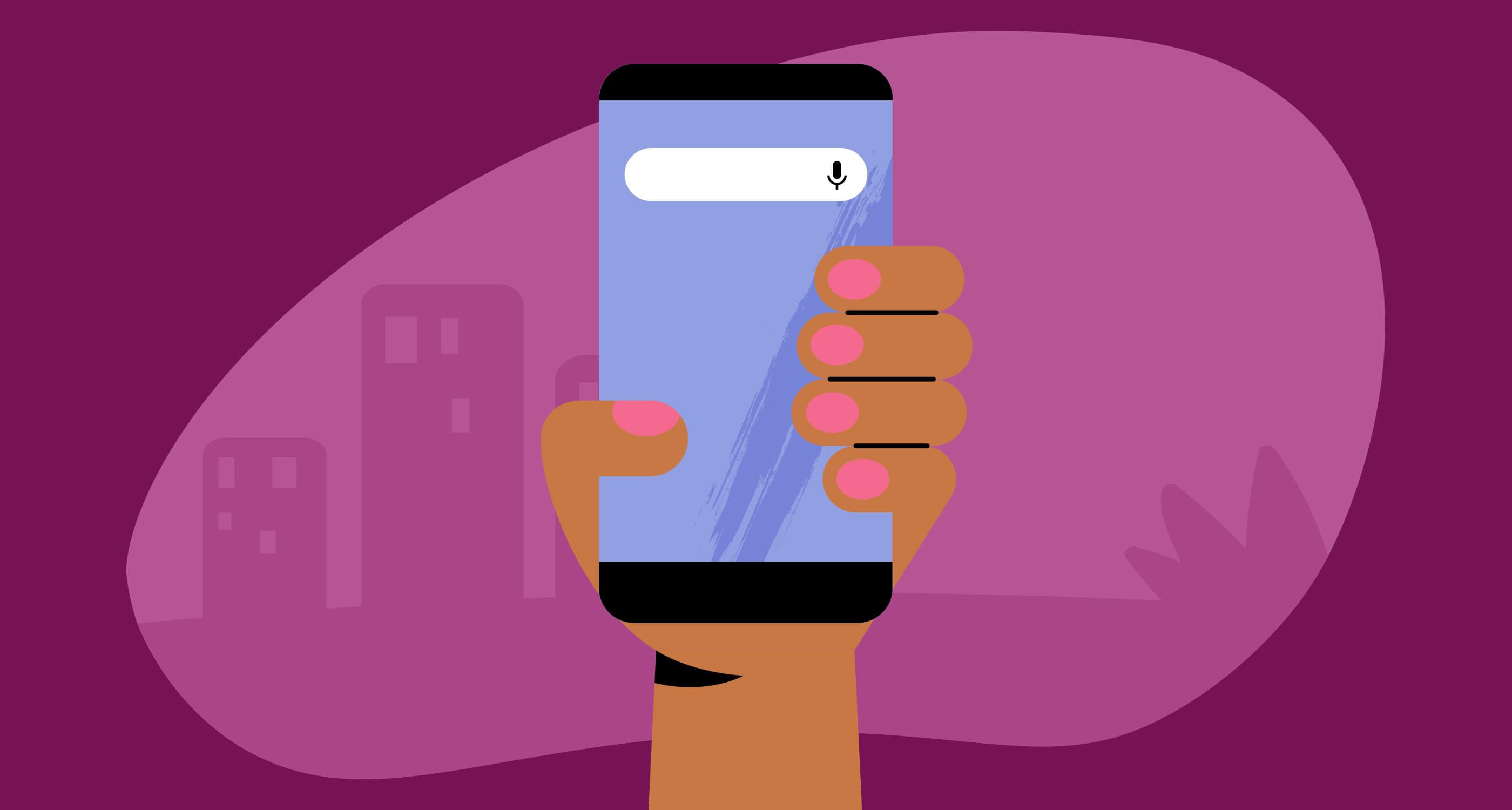An illustration of a phone with an empty search bar being held by a hand with brown skin and pink nails. The background is dark purple with a lighter purple abstract shape that shows shadows of city buildings.