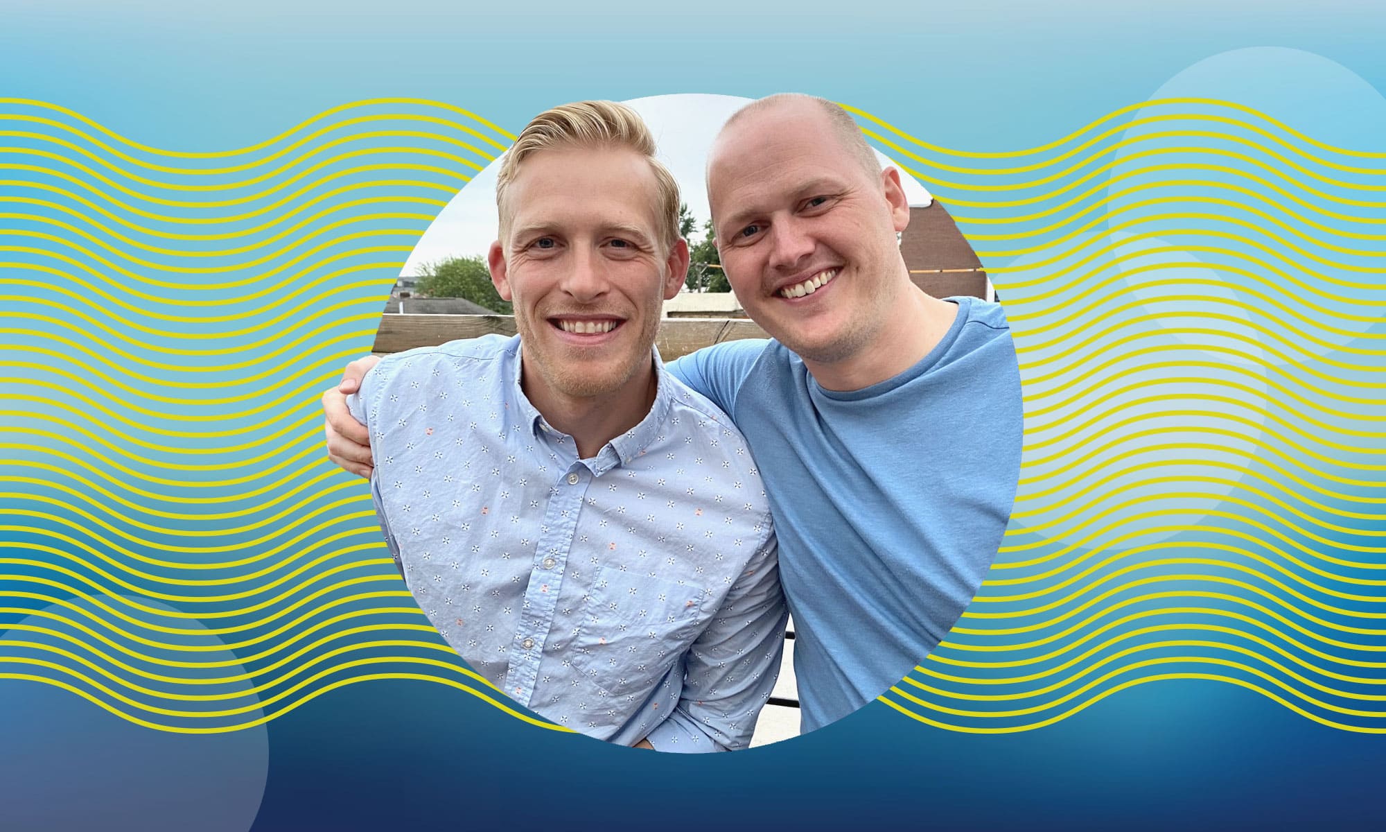 Greg and Josh, Makeway co-founders smile on a blue and green background.