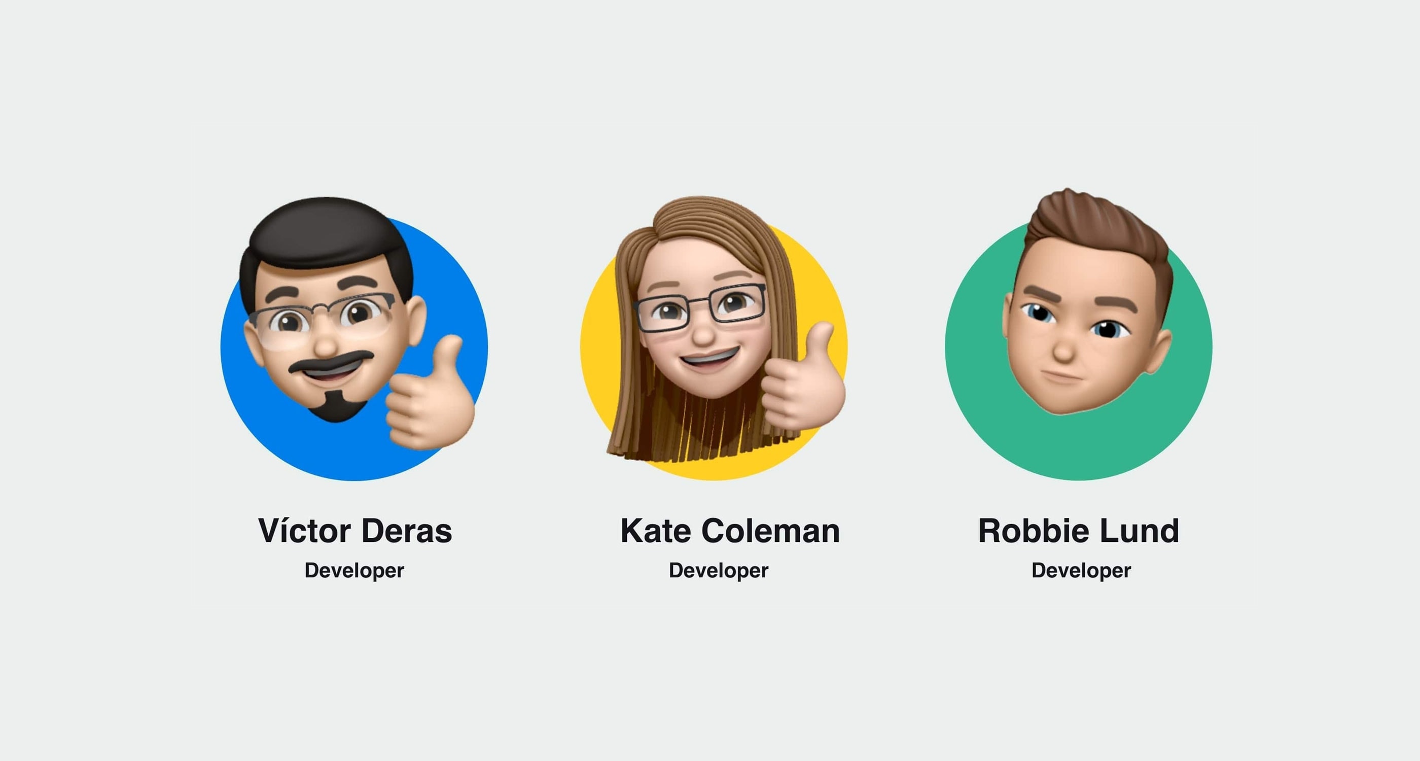 Three emojis that are styled to look like three of our developers sit in a line. Each is backed by a bright color, and has the Makers name and job title underneath. Left to right: Victor Deras, Developer, Kate Coleman, Developer, Robbie Lund, Developer.