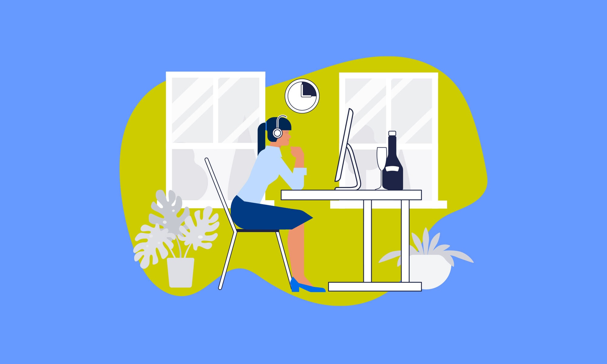illustration of a woman seated at desk looking at computer. She is wearing headphones and appears to be in a home office surrounded by windows and plants. The background is bright blue with an abstract green shape behind the illustration.