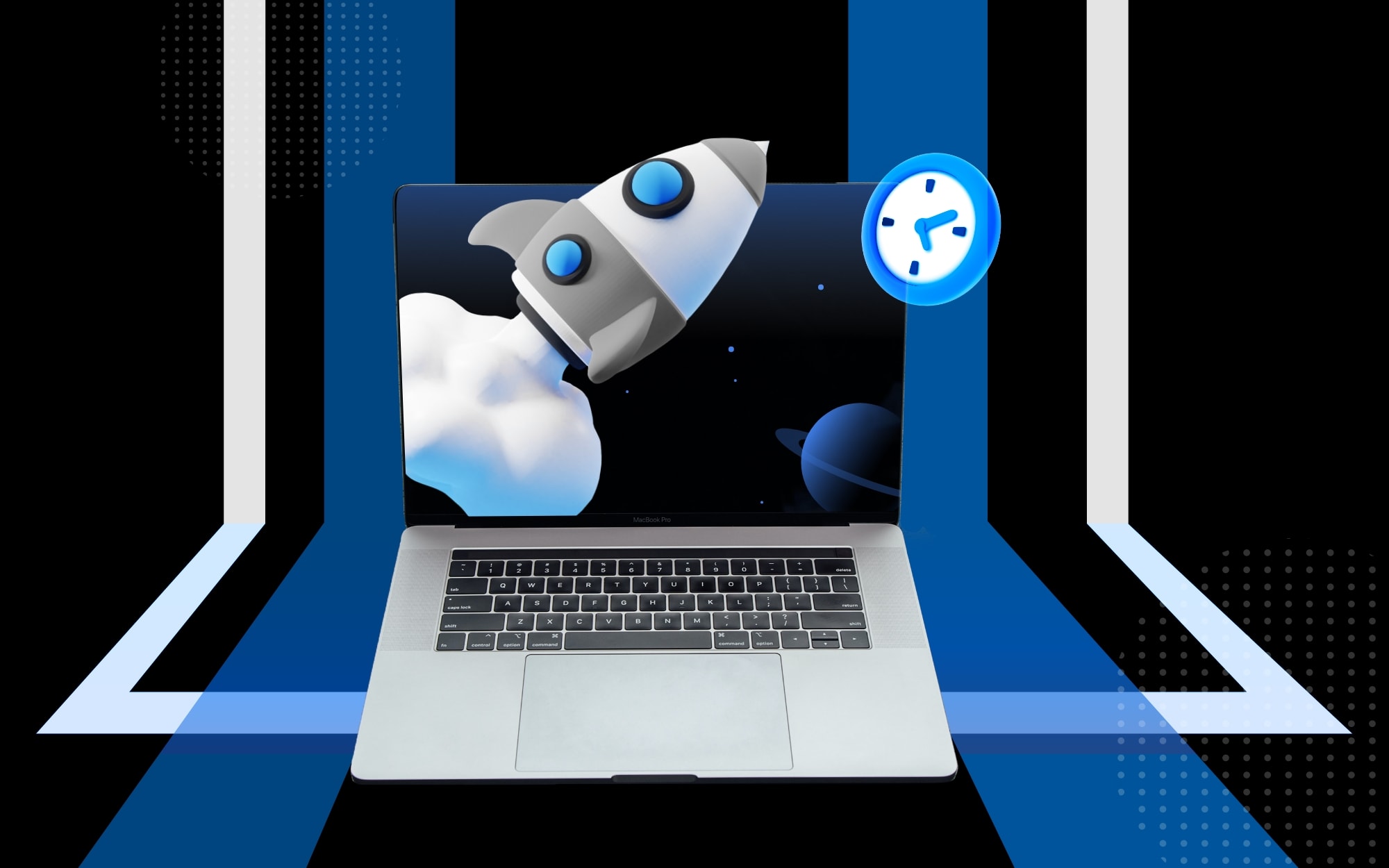 An illustration of a computer with a rocket and clock sit on a black background with blue and white details