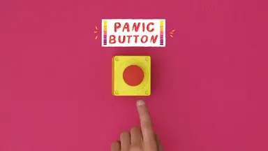 A hand reaches toward a panic button, another hand stops them.