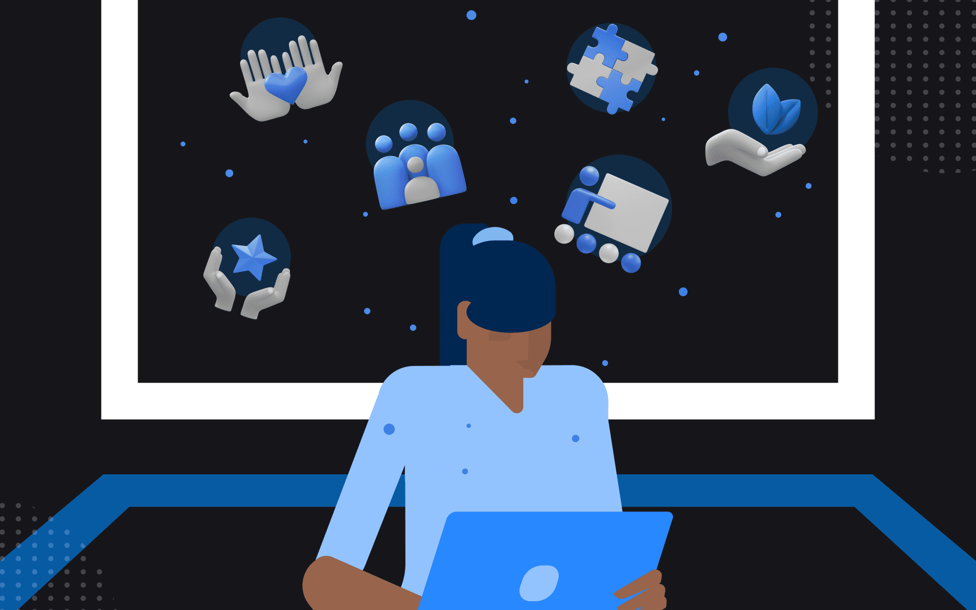 An illustration of a person sitting at a computer surrounded with floating icons that represent company values