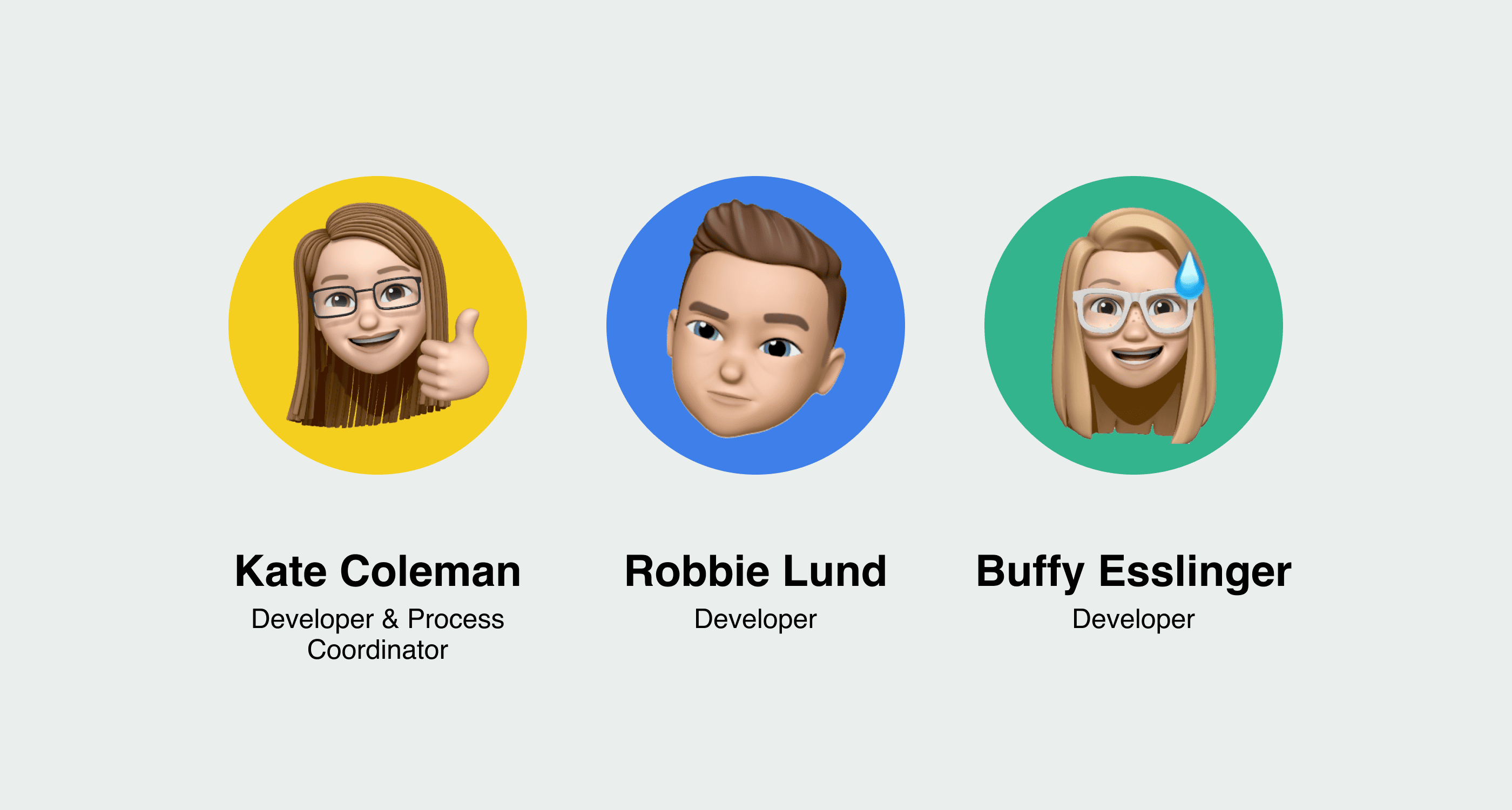 Kate, Robbie, and Buffy's memojis sit on colorful circles with their name and job title beneath.